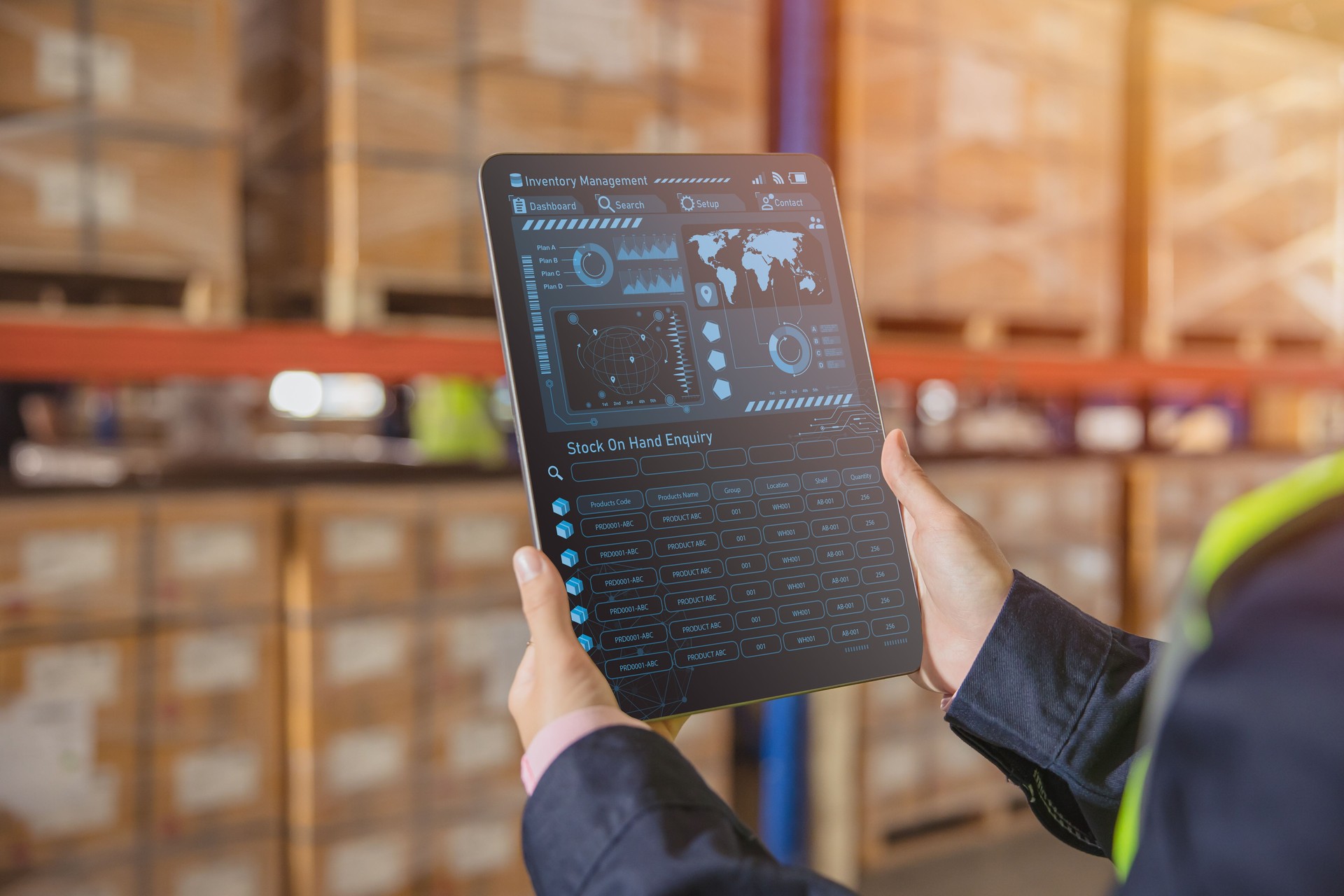 Smart warehouse management system for real time monitoring products storage shipping.  Computer logistics screen showing inventory dashboard stock control software.